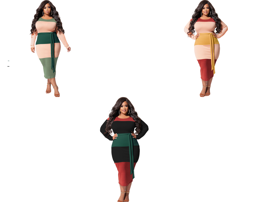 Casual Round Block Color Patchwork Bandage Bodycon Knit Dress Plus Size