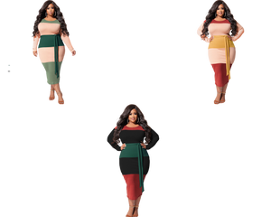 Casual Round Block Color Patchwork Bandage Bodycon Knit Dress Plus Size