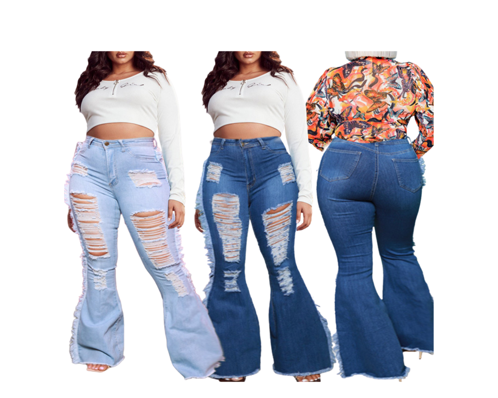 Bell Bottom Boyfriend Jeans Ripped Denim Stacked Jeans High Waist