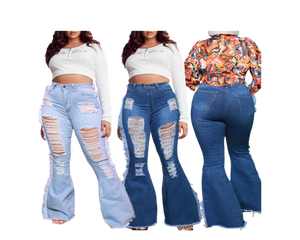 Bell Bottom Boyfriend Jeans Ripped Denim Stacked Jeans High Waist