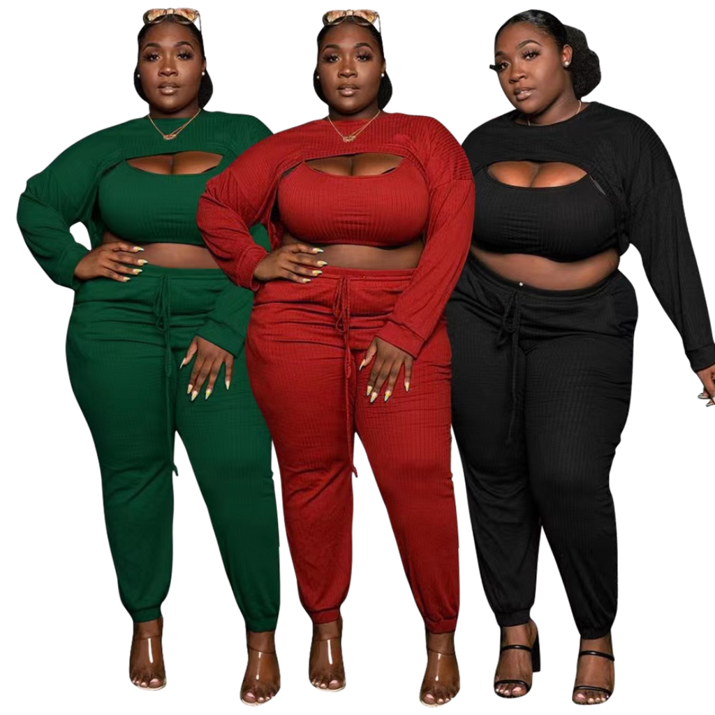 plus size 3 piece suit sexy top and high waist jogger pants