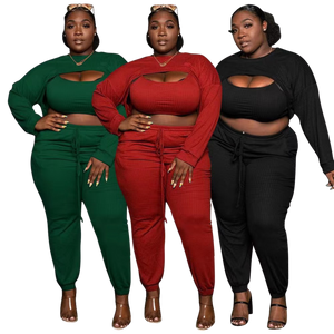 plus size 3 piece suit sexy top and high waist jogger pants