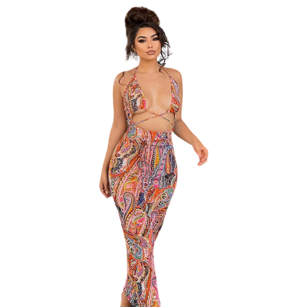 Printed Off Shoulder Halter Strap Cut Out Sexy Maxi Bohemian Dress