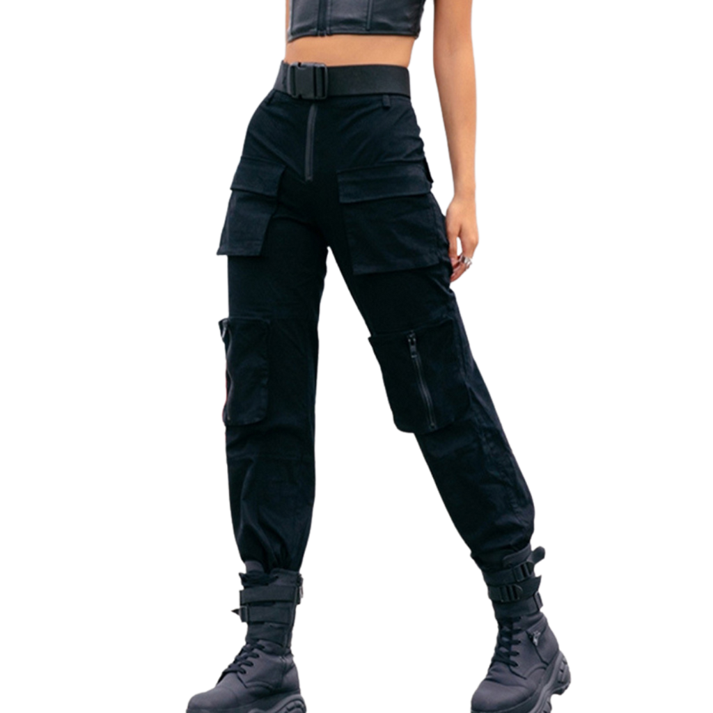 multi-pocket street cargo pants black high waist trouser