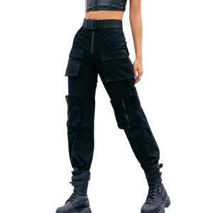 multi-pocket street cargo pants black high waist trouser