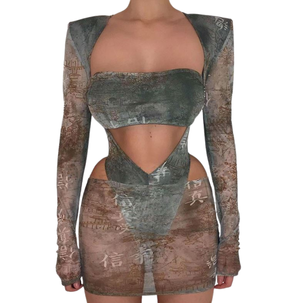 Two Piece Set Women Skirt Mesh Spliced Letter Print Bodysuit+See Through Sheath Skirt Outfits