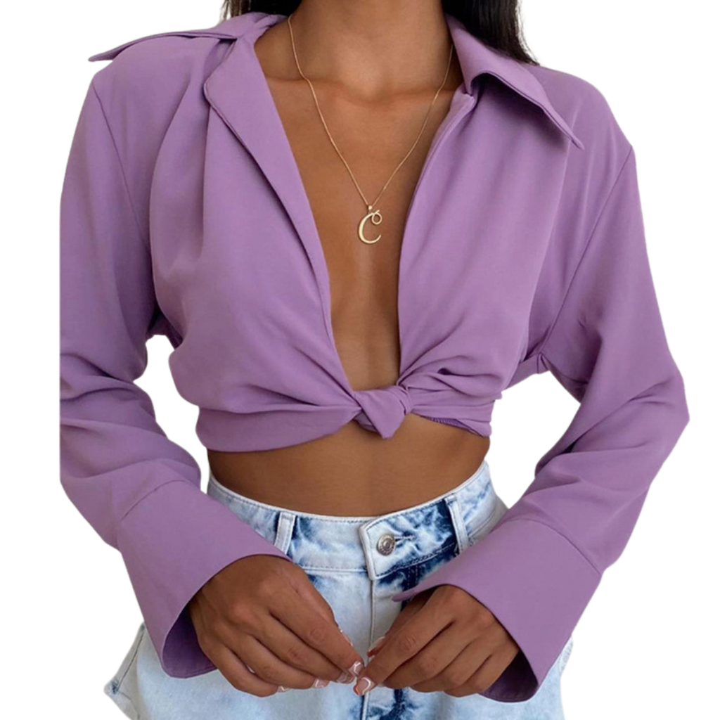 v neck longs sleeve blouses crop tops