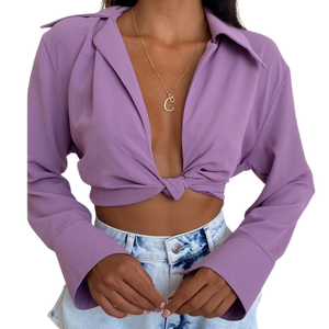 v neck longs sleeve blouses crop tops