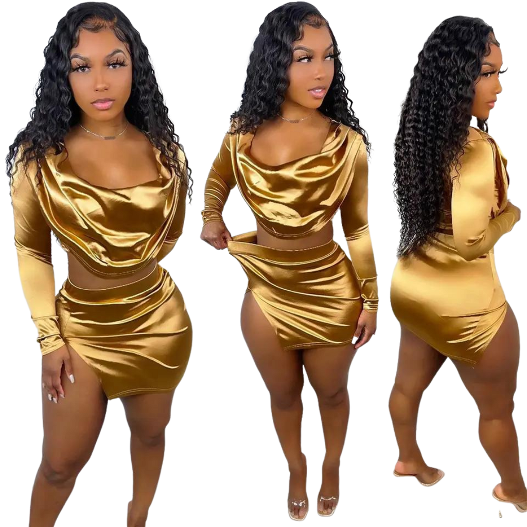 Bodycon Shinny Dresses Gold Satin Skirt Set