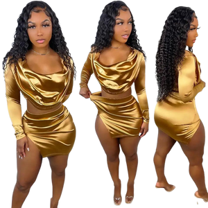 Bodycon Shinny Dresses Gold Satin Skirt Set