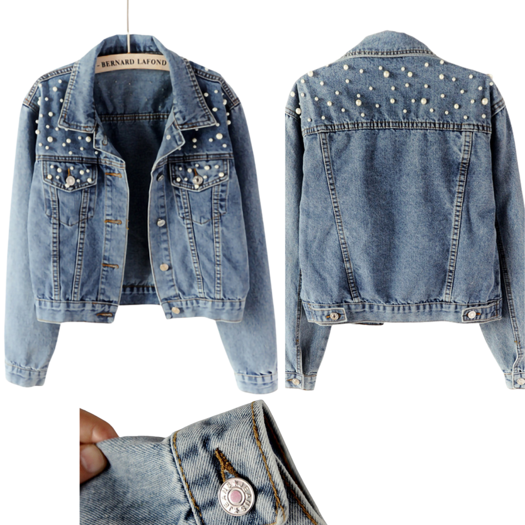 denim jacket beaded pearl loose autumn