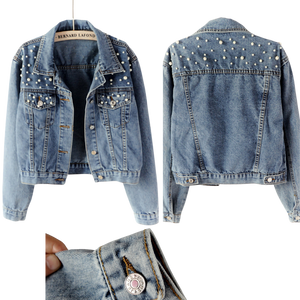 denim jacket beaded pearl loose autumn