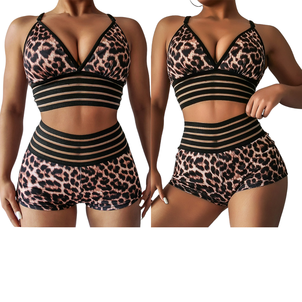 fitness leopard women yoga shorts set