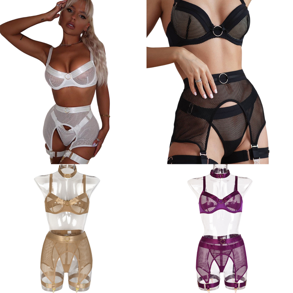 Four Pieces Sets of Mesh Hole Iron Ring Stitching Collar Sexy Lingerie