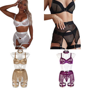 Four Pieces Sets of Mesh Hole Iron Ring Stitching Collar Sexy Lingerie