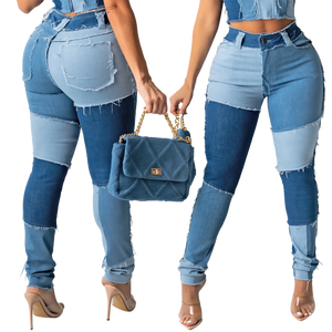 high waist ripped patchwork stretchy slim fit jeans