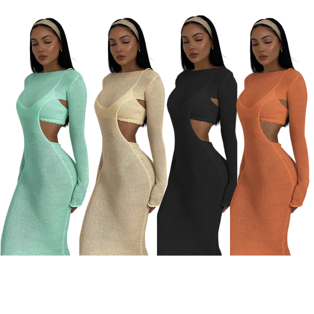 Knitted Cut Out Maxi Dress Bodycon Long Elegant Sweater