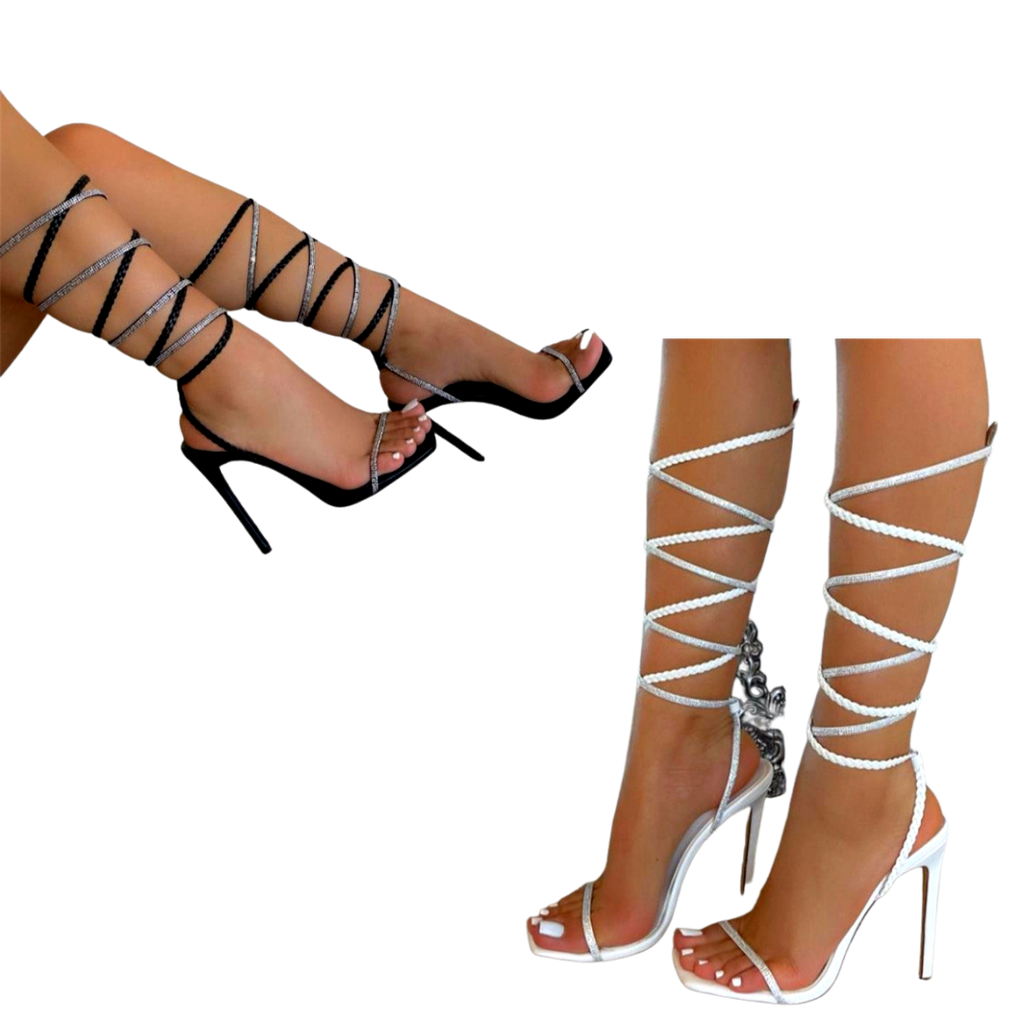 Large Size Rhinestone Woven Anklet Straps Stiletto Heel