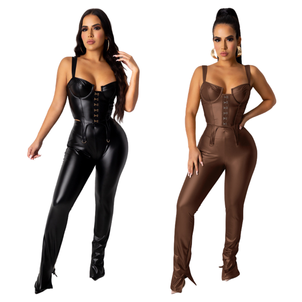 Leather Ruched 2 Two Piece Set Sleeveless Crop Top Pants