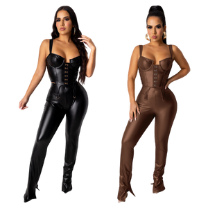 Leather Ruched 2 Two Piece Set Sleeveless Crop Top Pants